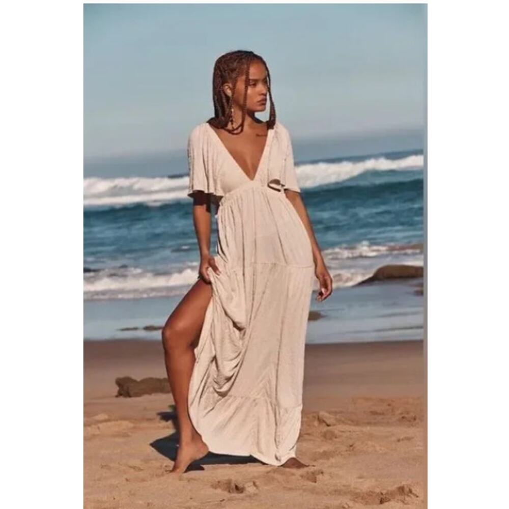 NEW! FP BEACH 'La La' Tiered Flutter Sleeve Maxi Dressin SALT (S)